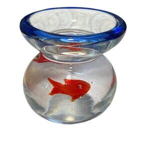 Hand-Blown Glass Goldfish Paperweight With Blue Rim Bowl Design